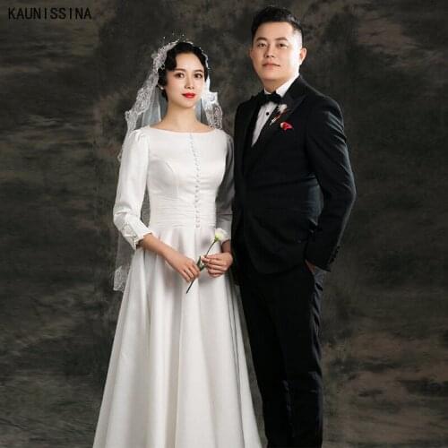 KAUNISSINA New Wedding Dress A Line White Simple Wedding Gown Women 3/4 Sleeve Mid-Calf Elegant Brides Dresses vestido de novia