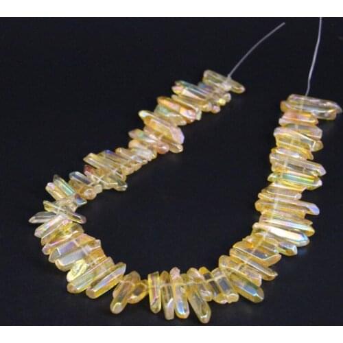 15.5"strand Polished Yellow AB Titanium Crystal Quartz Top Drilled Point Beads,Raw Crystal Stick Nugget Pendants Jewelry Making