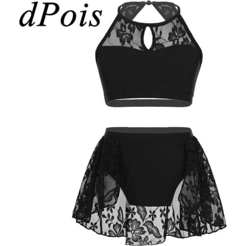 2PCS Kids Girls Lace Splice Crop Top with Tutu Skirt Ballet Leotard Latin Jazz Modern Dance Dress Dancing Costumes Set Dancewear