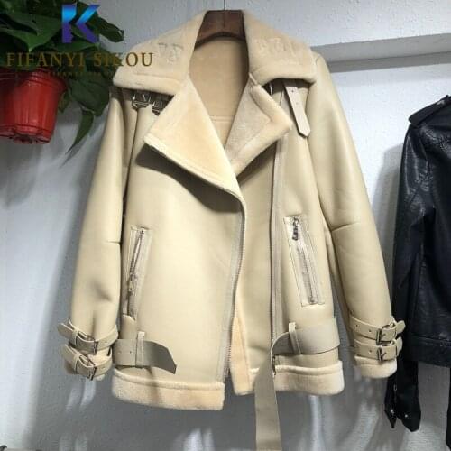 2020 Winter Women Faux Leather Jacket High Quality Thick Warm Lambs Wool Coats Soft PU Jacket Female Fashion Motorcycle Coat