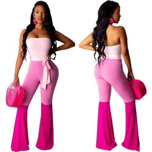BKLD 2019 Summer New Women Fashion Sexy Color Patchwork Strapless Off The Shoulder Jumpsuit Clubwear Women Long Flared Pants