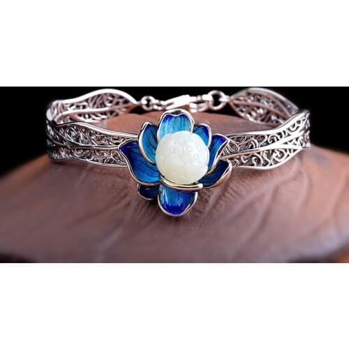 BOCAI New solid 925 silver new product enamel women bracelet burnt blue ethnic style womens natural jade bracelet