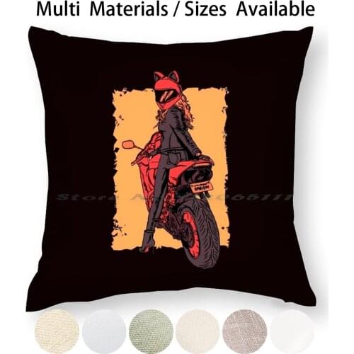 Woman On A Motorcycle Wearing A Helmet With Cat Ears Pillow Case Throw Pillow Cover Cotton Linen Flax Girls Womens Motocross