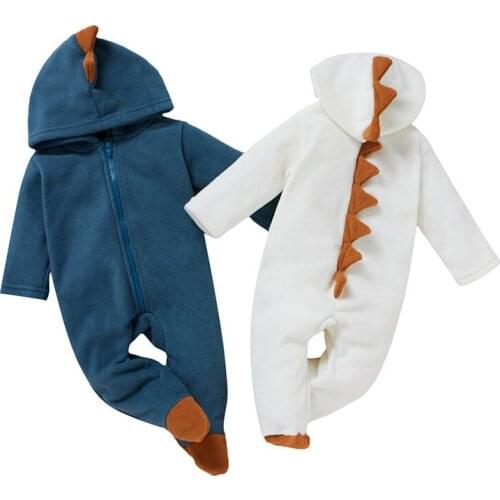 Lioraitiin 0-18M Infant Baby Boy Girl Hooded Jumpsuit Winter Warm Polar Fleece Long Sleeve Dinosaur Footed Romper