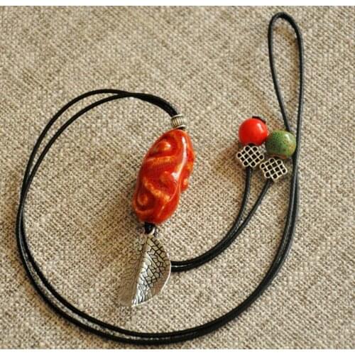 Statement Long Tassel Ceramic Beads Pendants Necklace For Women Vintage Leaf Leaves Necklaces Sweater Chain Ethnic Jewelry Gift