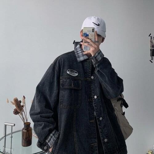 Stitching Denim Jacket Men Loose Casual Washed Cowboy Coat Sports Long-sleeved Single-breasted Multi-pocket Jackets Male Clothes