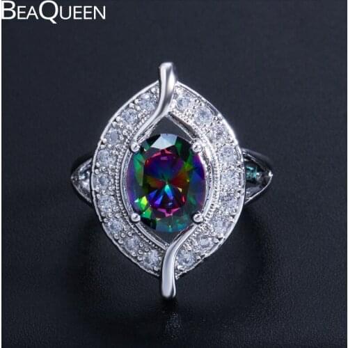 BeaQueen Famous Designer Oval Round Cubic Zirconia Paved Eye Shape Engagement Party Ring Mystical Rainbow Jewelry for Women R057