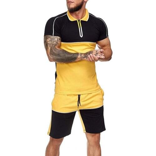 Mens Short Tracksuit Set Color Block 2 Piece Sweatsuits Lapel Summer Skinny Short Sleeve Shirt for Sports Po-lo Sweat Suit