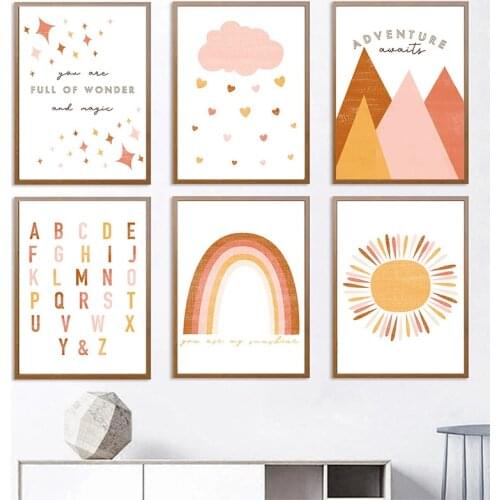Nursery ABC Poster Print Rainbow Canvas Painting Sun Cloud Wall Art Picture For Children Bedroom Nordic Kid Baby Room Wall Decor