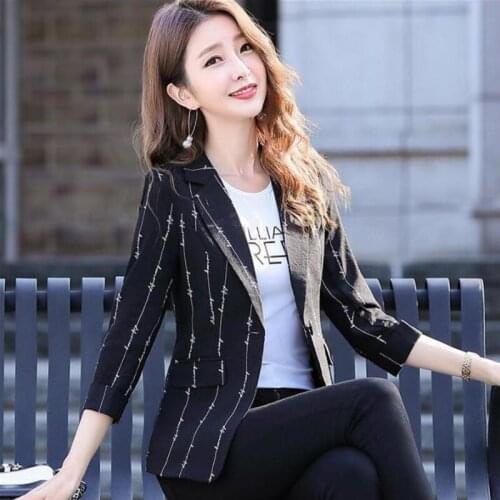 New Fashion Womens Suits Striped Print Blazer Female 2021 Spring 3/4 Sleeve Suit Woman Outerwear Slim Lady Blazers Black