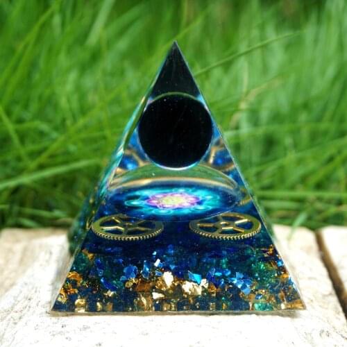 Handmade Orgonite Pyramid 60mm Amethyst Crystal Sphere Obsidian with Gear HEALING Cristal Reiki Orgone Chakra EMF Protection