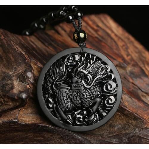 Black PIYAO Obsidian Necklace Pendant Foo Dog Jewelry Pendant Mens Jewelry Talisman Charm Jewelry