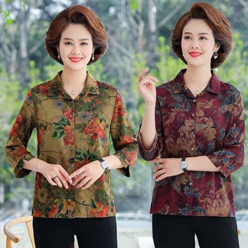 Dress Mothers summer foreign style floral top middle aged womens spring and summer dress 7-sleeve T-shirt middle aged and old