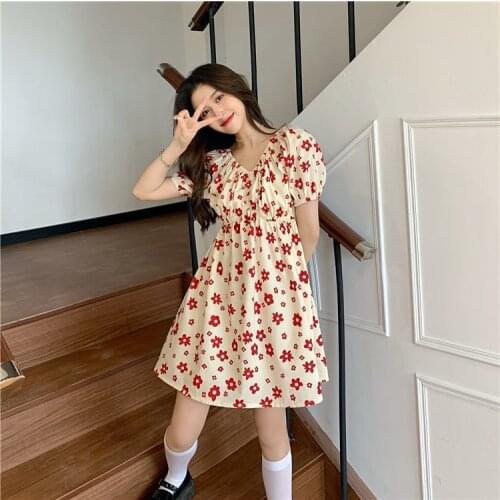 French Retro Red Flower Summer Dress Female V-Neck Casual Puff Sleeve Korean Gentle Dresses for Women 2021 A-LINE Mini Dress