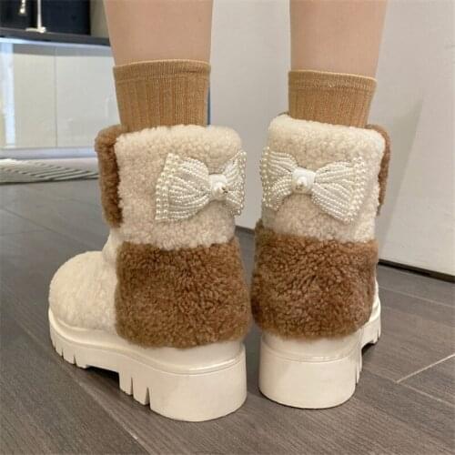 PXELENA Gorgeous Pearl Bow Knot Real Fur Snow Boots Women 2020 Winter Brand Lambswool Winter Warm Plush Ankle Boots Chunky Heels