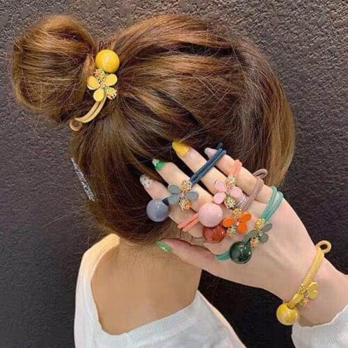 Pearl Flowers Scrunchies Elastic Hair Band Ball Hair Tie Hair Accessories For Women Bow Ponytail Holder Crystal Rubber Hairbands