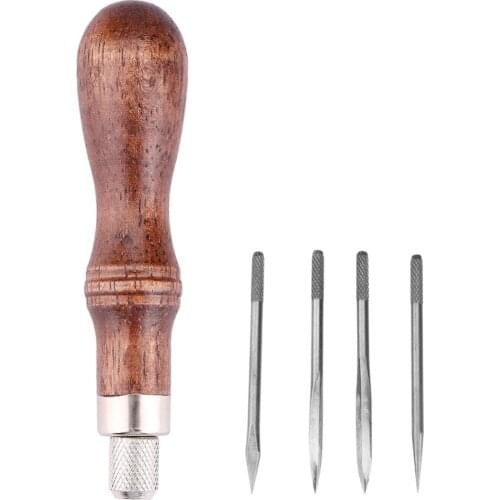 4 in 1 DIY Wood Handle Leather Stitching Awl for Leather Sewing Scratch Awl Tools Canvas Leathercraft Sewing Needle Kit
