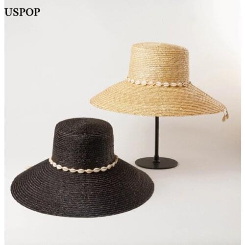 USPOP 2020 New summer hats women natural shell chain decorated sun hats female high crown straw hats super wide brim beach hat
