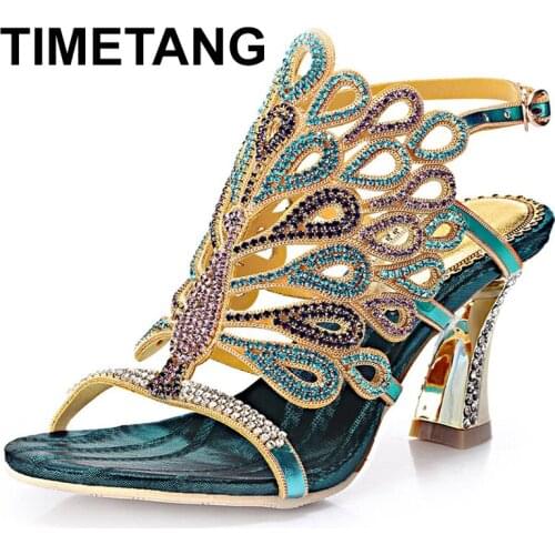 TIMETANG Womens Comfortable Genuine Leather Sandals 2021New Design Fashion Hot Sexy Evening dress dinner Party Rhinestone Shoes