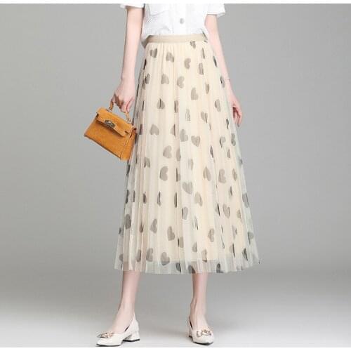 Summer Pleated Skirt for Women 2021 Elastic High Waist Mesh Print Big Swing Elegant Fashion Korean Casual Loose Long Skirts 6666