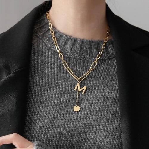 YUN RUO Sweater Chain 18 k Gold M Letter Pendant Necklace Fashion 316 Titanium Stainless Steel Jewelry Woman Accessory Not Fade