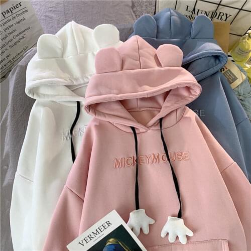 Disney Womens Mickey Mouse Hoodie Sweet Loose Fashion Casual Korean O-Neck Long Sleeve Kawaii Sweatshirt Oversized Pullover