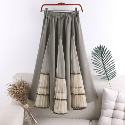 Autumn Winter New 2020 High Waist Slim Mid-Length Pleated Mesh Stitching Irregular Large Skirt Fashion Female Skirt