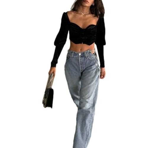 Women High Waist Cross Chain Jeans Irregular Split Hollow Denim Straight Pants