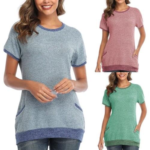 2020 spring and summer womens contrast pocket short-sleeved round neck solid color pullover sweatshirt casual loose T-shirt