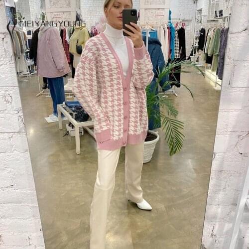 MEIYANGYOUNG Oversized Knitted Cardigan For Women V Neck Ladies Sweater Long Sleeve Pink Cardigans Female 2021 Knitwear Sweaters