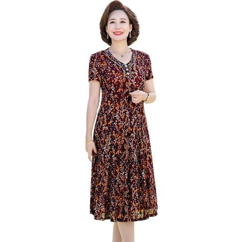 Short Sleeve Dress Middle Age Spring Autumn New Women Vestido Fashion Large Size Mother Dresses Print Natural Plus Size Dress