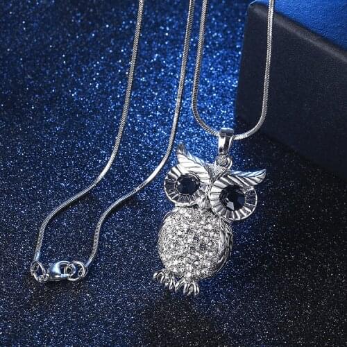 Women Jewelry Silver Color Crystal Owl Necklace Pendant Statement Long Chain Choker Boyfriend Gift