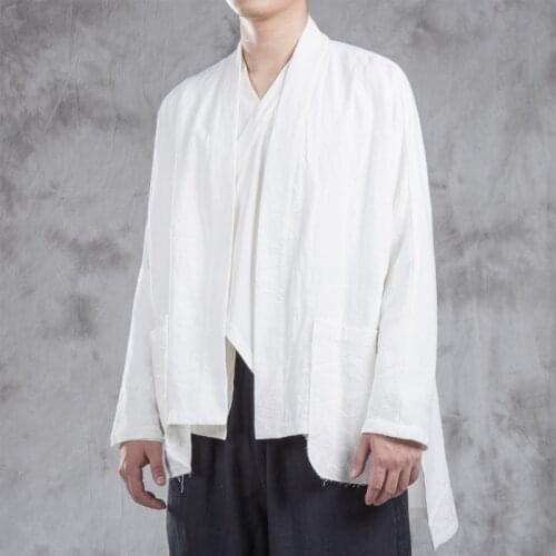 #4319 Spring Kimono Coats Men Cotton Linen Vintage Chinese Style Cardigan Kimono Jacket Male Streetwear White/Black/Blue Hip Hop