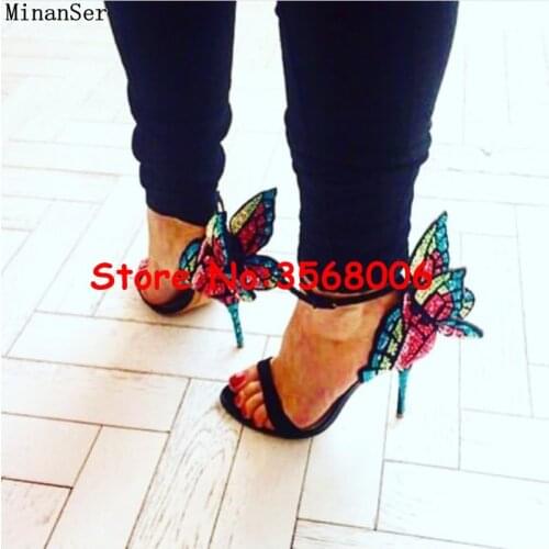 Shinny Crystal Embellished Angel Wings Luxury Style Lady Bridal Shoes Open Toe Thin heels Dress Sandals Sexy zapatillas mujer