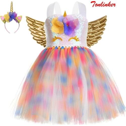 Girls Unicorn Costume Halloween Kids Sequin Pastel Rainbow Tutu Birthday Party Dresses With Headband Princess Cosplay Costumes