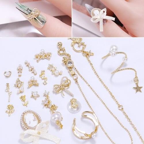 5pcs zircon alloy Nail art decoration Delicate Zircon Diamond Ring Chain Pearl Pendant Bow metal nail art accessories nail charm