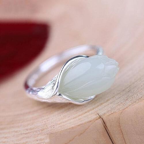 S925 Sterling Silver Ring Original Design Magnolia Natural Hetian Jade White Jade Ring Open Elegance Retro Female