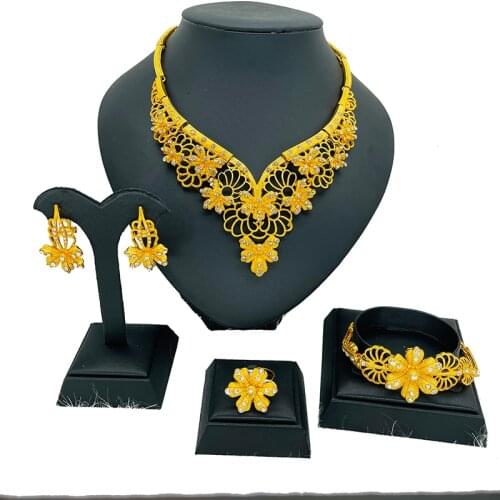 24k Color Gold collarbone party jewelry sets for women African bridal wedding gifts Dubai Bracelet Necklace earrings ring set