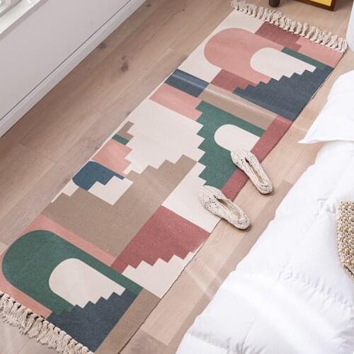 Cotton Linen Carpets Hand Woven Bedside Tassel Floor Mat Living Bomemian Room Bedroom Carpet and Rugs Long Pray Mat Home Decor