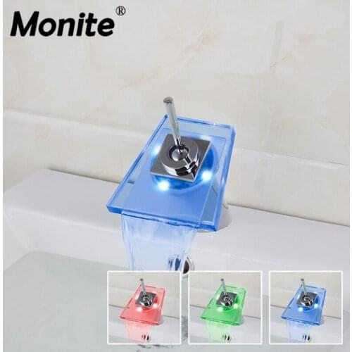 Waterfall Bathroom Basin Faucet LED Color Changing Glass Single Handle Hole Tap Chrome Bathroom Faucets,Mixers & Taps