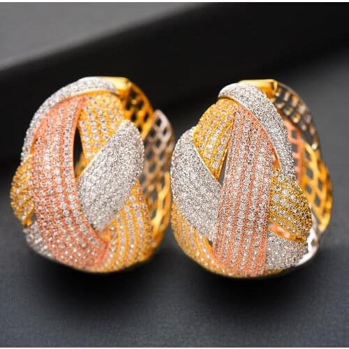LARRAURI Luxury 3 Tone Cubic Zircon BIG HOOP Earrings Trendy Charms DUBAI Round Hoop Statement Earring for Women Wedding Jewelry