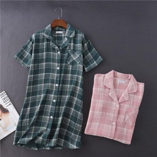 Summer Crepe Gauze Short-Sleeved Dress Plaid Women Nightwear Turn-down Collar Sleeping Dress Casual Sleepwear Sleepshirts