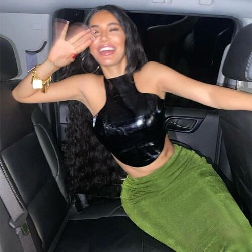 Fashion Sleeveless Crocodile PU Leather Halter Crop Tops for Women Club Party Backless Sexy Top Cropped Streetwear