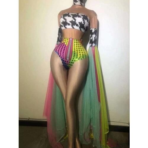 Fashion Colorful Mesh Flared Sleeves Stage Bodysuits Women Print Rhinestone Elastic Leotard Nightclub Carnival Dancer Costumes