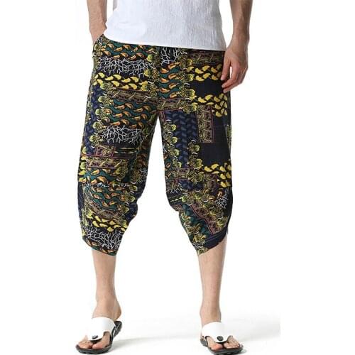Mens Trousers 2021 New Linen Calf-Length Print Pants Men Hawaiian Baggy Harem Pants Casual Breathable Harajuku Streetwear