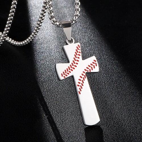 Men Stainless Steel Baseball Cross Pendant Necklace 4:13 Bible Religious Christ Cross Charm Necklaces Religious Jewelry Gift
