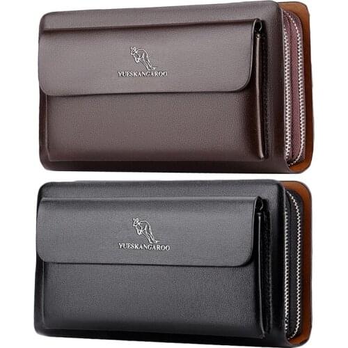 Hot kf-YUESKANGAROO 2 Pcs Men Clutch Bag Fashion Long Purse Double Zipper Business Wallet Male Casual Bag Black & Brown