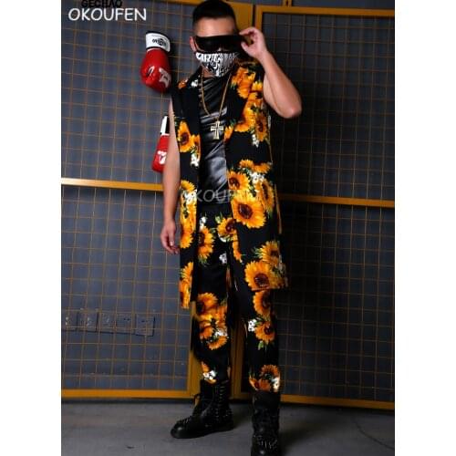 New Fashion Sunflower long Suit Vest Costumes set nightclub male singer dancer stage show party performance set