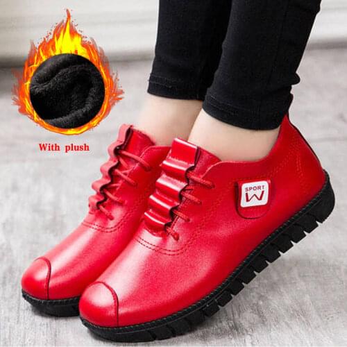 Women Shoes Autumn Winter Pu Leather Womens Flat Walking Shoes Lace up Sneakers 2020 Woman Sewing Plush Warm Female Footwear