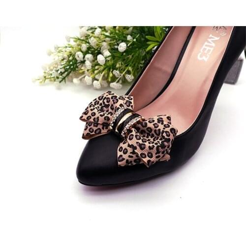 A Pair Leopard Polka Dot Satin Fabric Shoe Accessories Double Bow Shoe Clips Vintage Style Shoes Decoration Hot